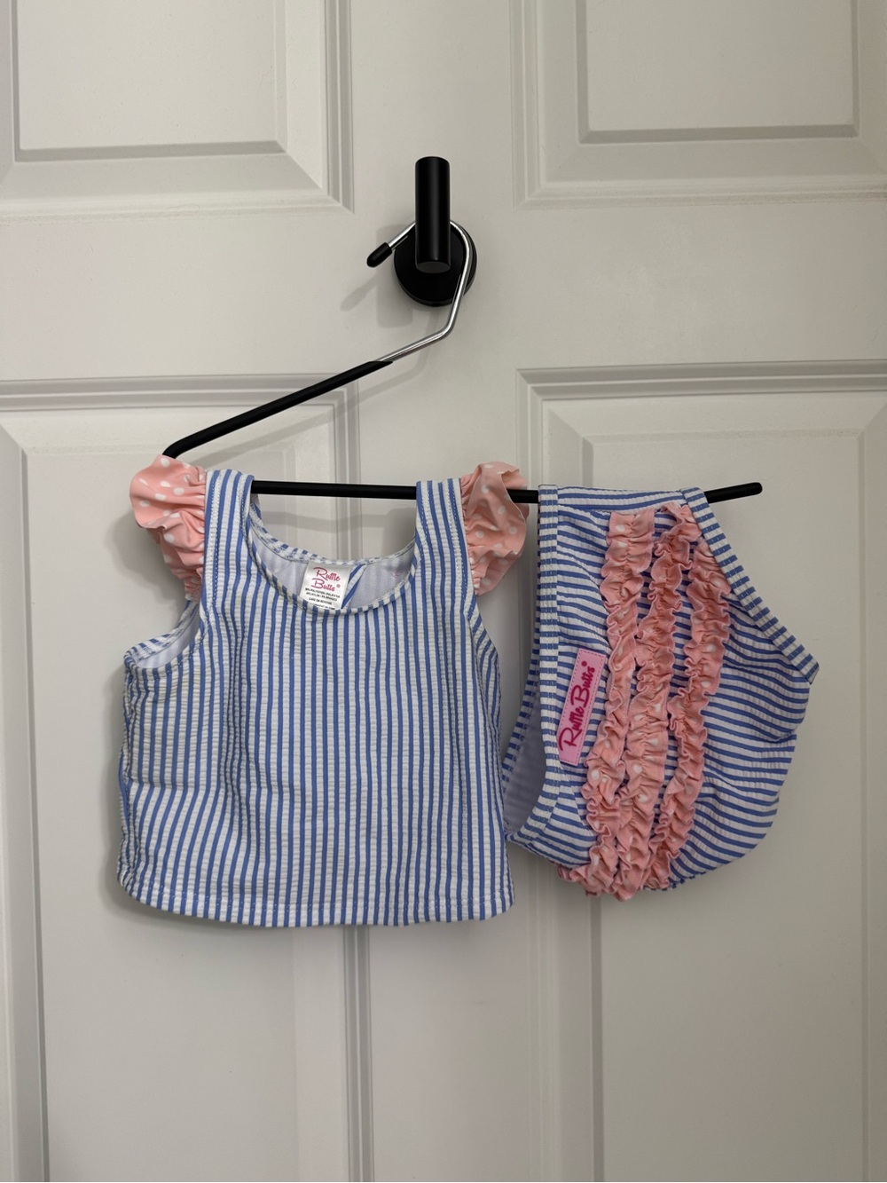 Ruffle Butts Blue & Pink Striped Seersucker Top with Ruffle Bloomer